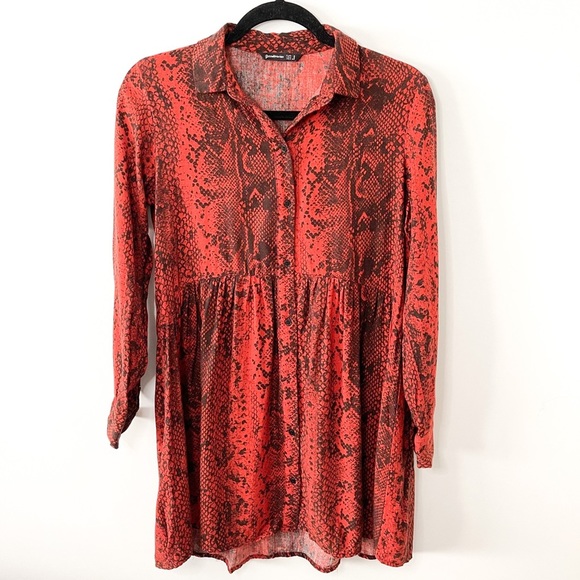 Stradivarius Red Snake Print Mini Shirt Dress Size Small - Picture 5 of 9
